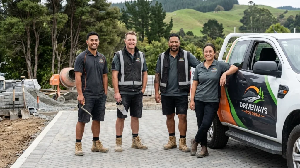 Driveways Rotorua team composite photo showing the professional driveway installation crew